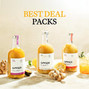 Three bottles of 'Gimber' juice on a wooden surface with lemon and ginger, and text 'Best Deal Packs' above.